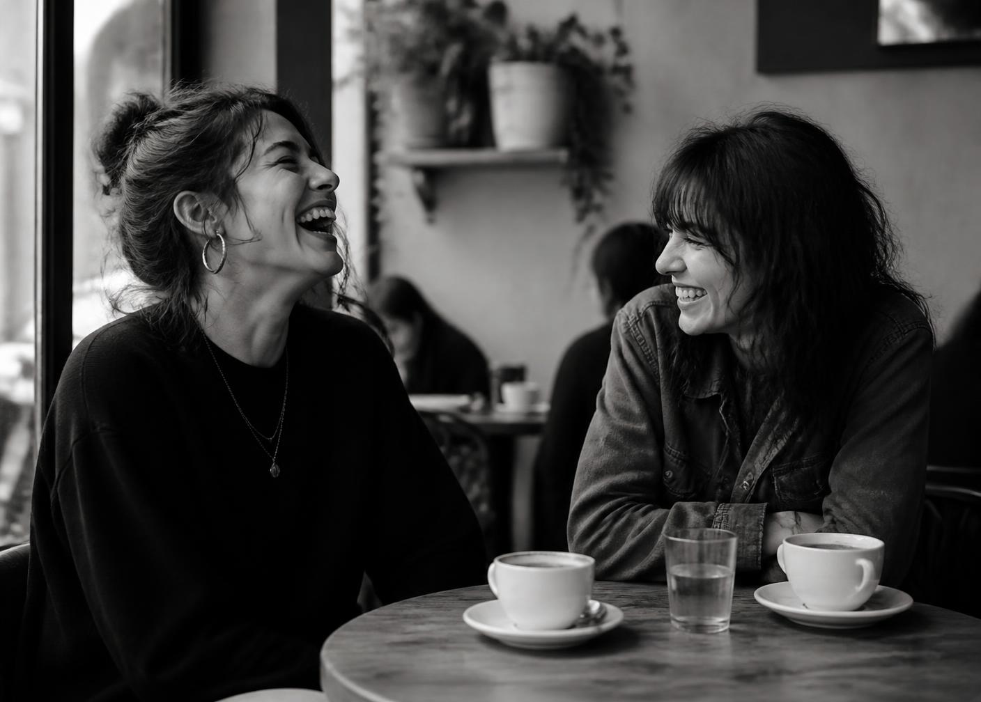 Two friends laughing over coffee at a small cafe table